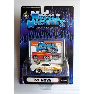 2004 Muscle Machines '67 CHEVY NOVA White /Yellow Flames DIECAST Muscle Car 1:64